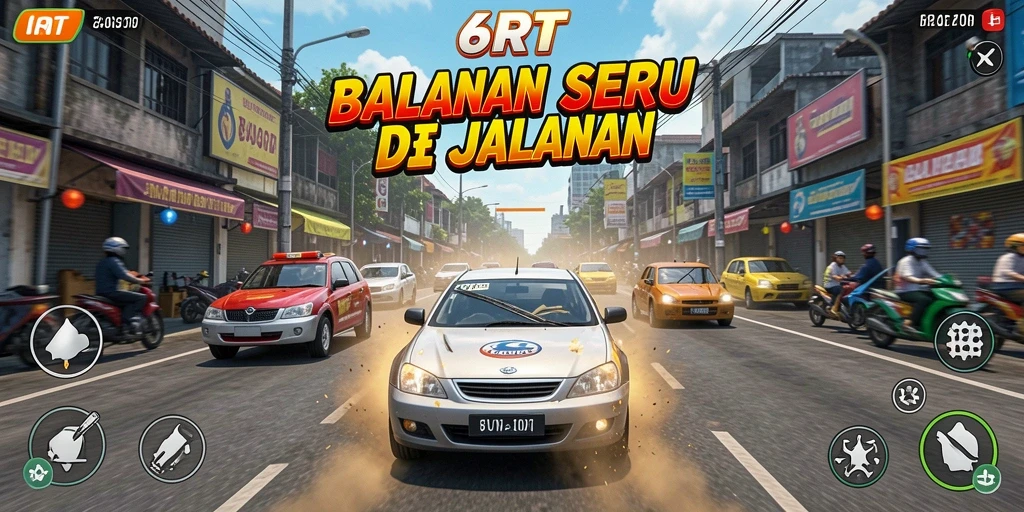 Screenshot 6RT menampilkan aksi balapan intens dan kendaraan yang cepat.