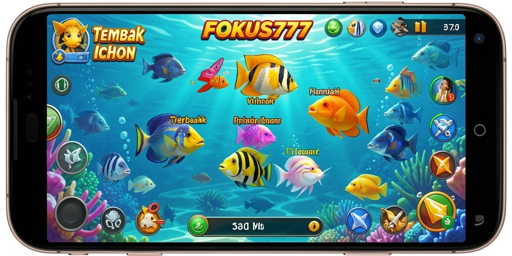 Tampilan gameplay seru dalam FOKUS777 saat menembak ikan.