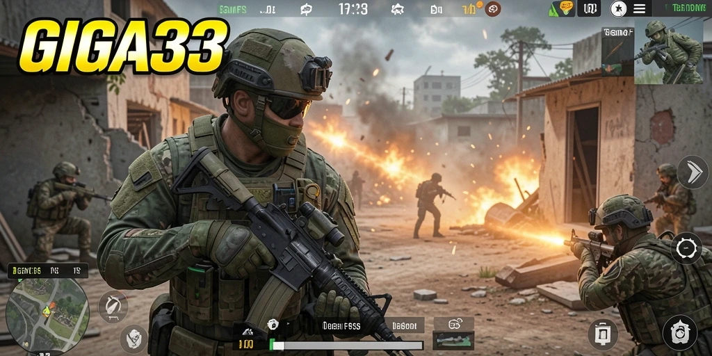 Screenshot gameplay GIGA33 yang menunjukkan aksi tembak-menembak yang mendebarkan.