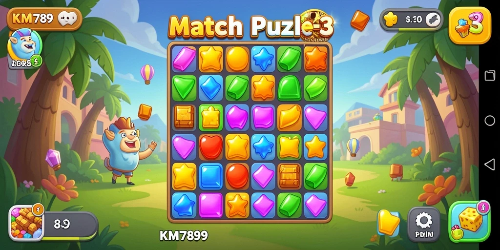Screenshot gameplay KM789 menunjukkan keseruan permainan Match-3.