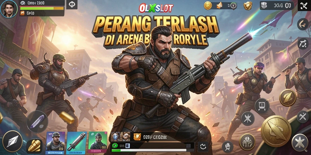Screenshot gameplay seru dari OLXSLOT menampilkan aksi Battle Royale yang mendebarkan.