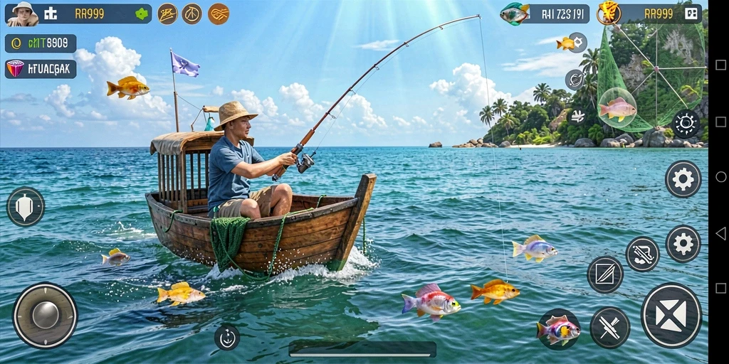 Tampilan gameplay seru dalam RR999 saat menangkap ikan di laut.